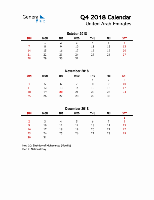 2018 Q4 Calendar with Holidays List for United Arab Emirates