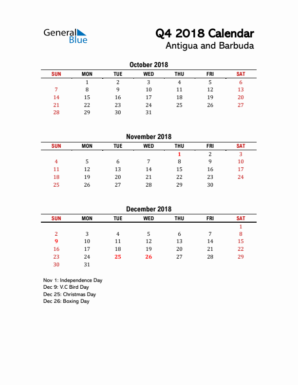 2018 Q4 Calendar with Holidays List for Antigua and Barbuda