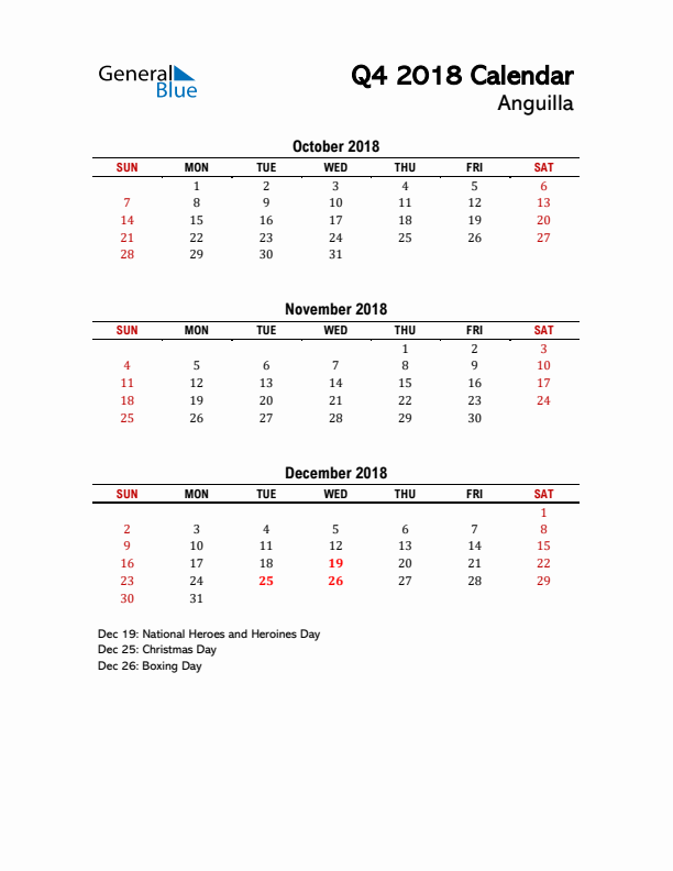 2018 Q4 Calendar with Holidays List for Anguilla