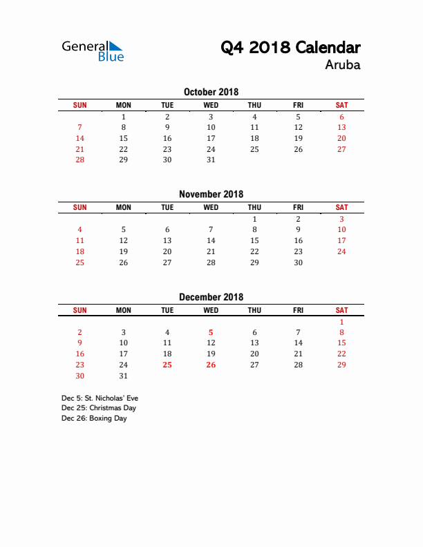 2018 Q4 Calendar with Holidays List for Aruba