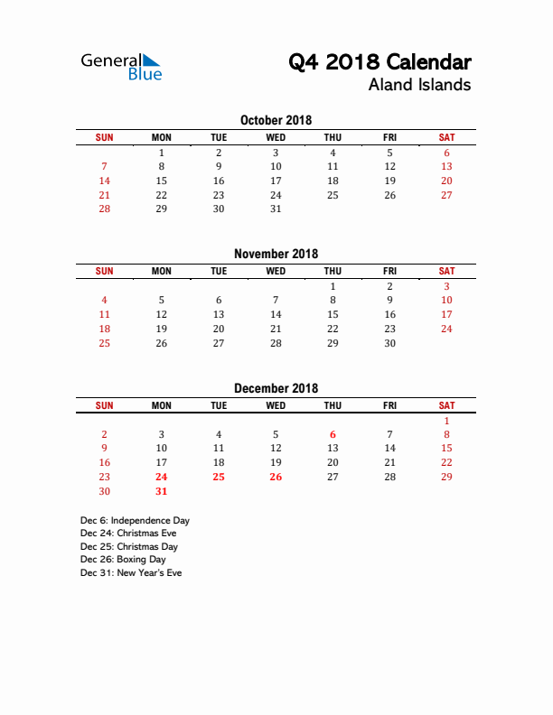 2018 Q4 Calendar with Holidays List for Aland Islands