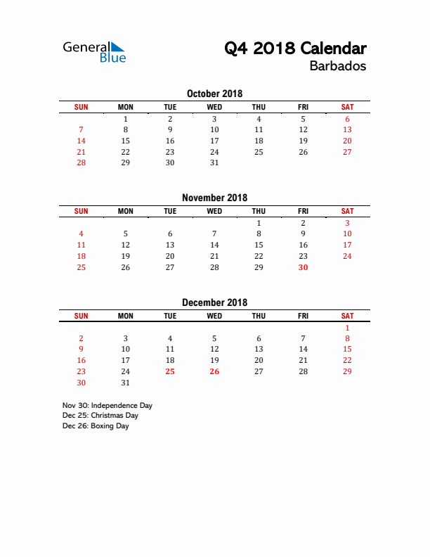 2018 Q4 Calendar with Holidays List for Barbados