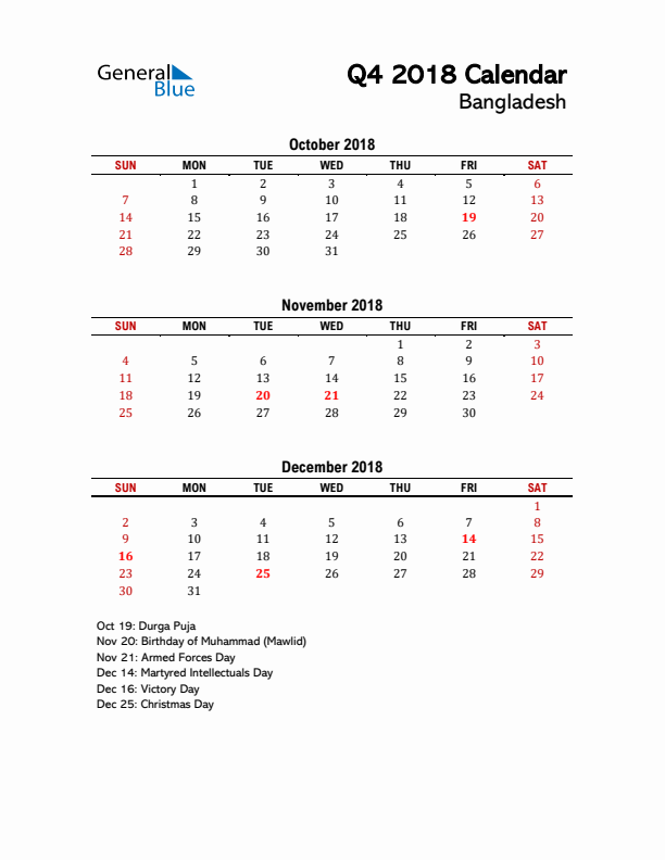 2018 Q4 Calendar with Holidays List for Bangladesh