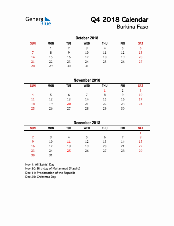 2018 Q4 Calendar with Holidays List for Burkina Faso