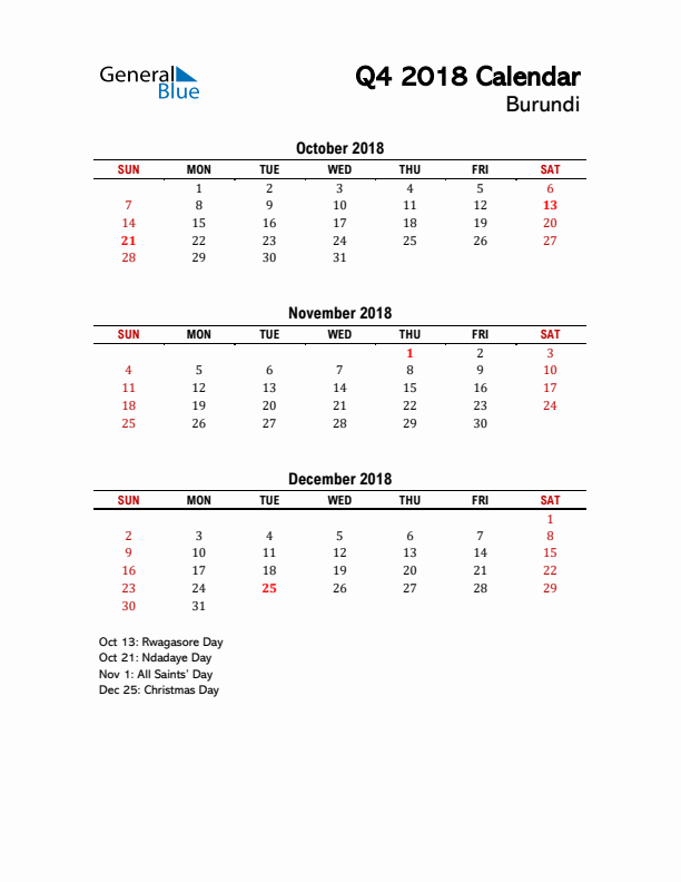 2018 Q4 Calendar with Holidays List for Burundi