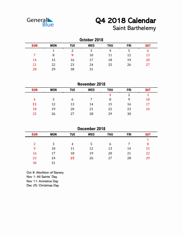 2018 Q4 Calendar with Holidays List for Saint Barthelemy