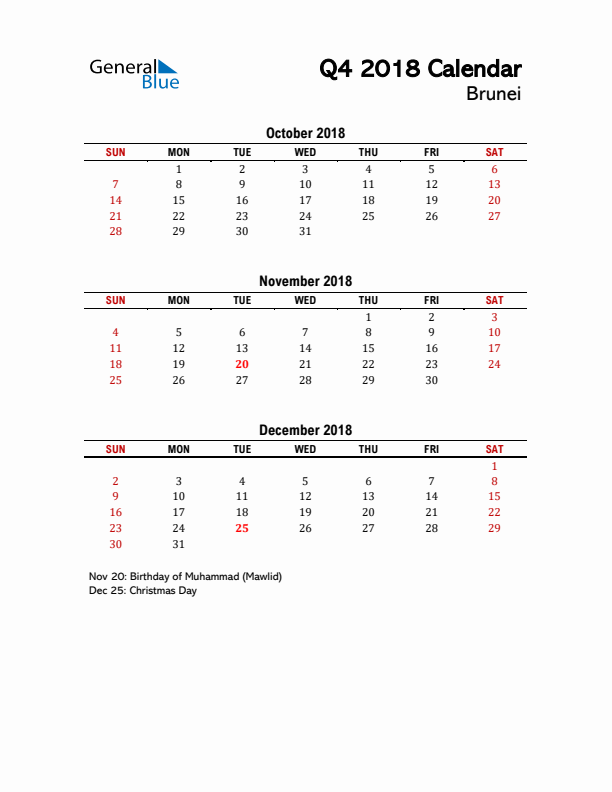 2018 Q4 Calendar with Holidays List for Brunei