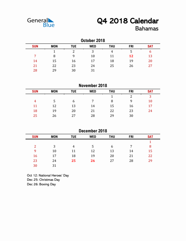 2018 Q4 Calendar with Holidays List for Bahamas