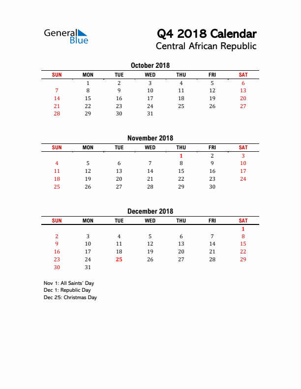 2018 Q4 Calendar with Holidays List for Central African Republic