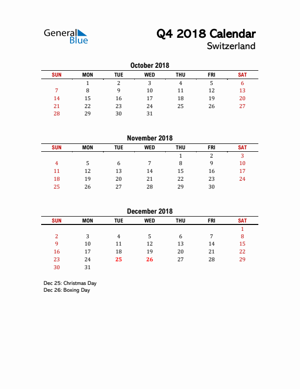 2018 Q4 Calendar with Holidays List for Switzerland