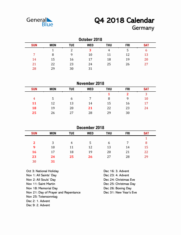 2018 Q4 Calendar with Holidays List for Germany