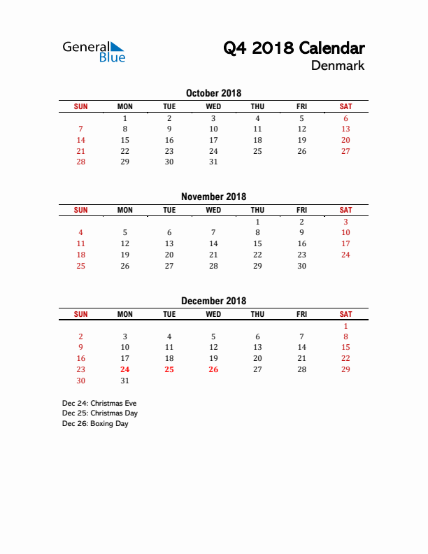 2018 Q4 Calendar with Holidays List for Denmark