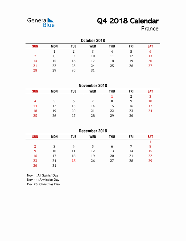 2018 Q4 Calendar with Holidays List for France