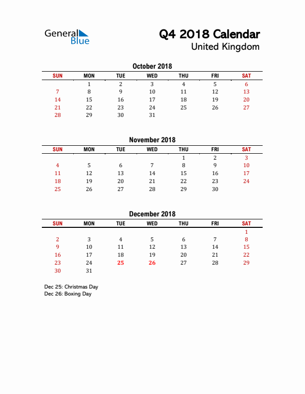 2018 Q4 Calendar with Holidays List for United Kingdom