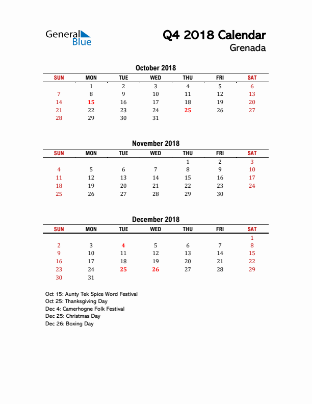 2018 Q4 Calendar with Holidays List for Grenada