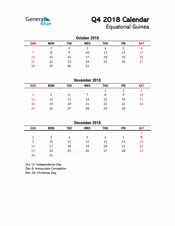 2018 Q4 Calendar with Holidays List for Equatorial Guinea