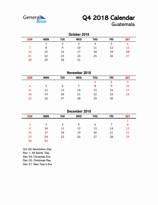 2018 Q4 Calendar with Holidays List for Guatemala