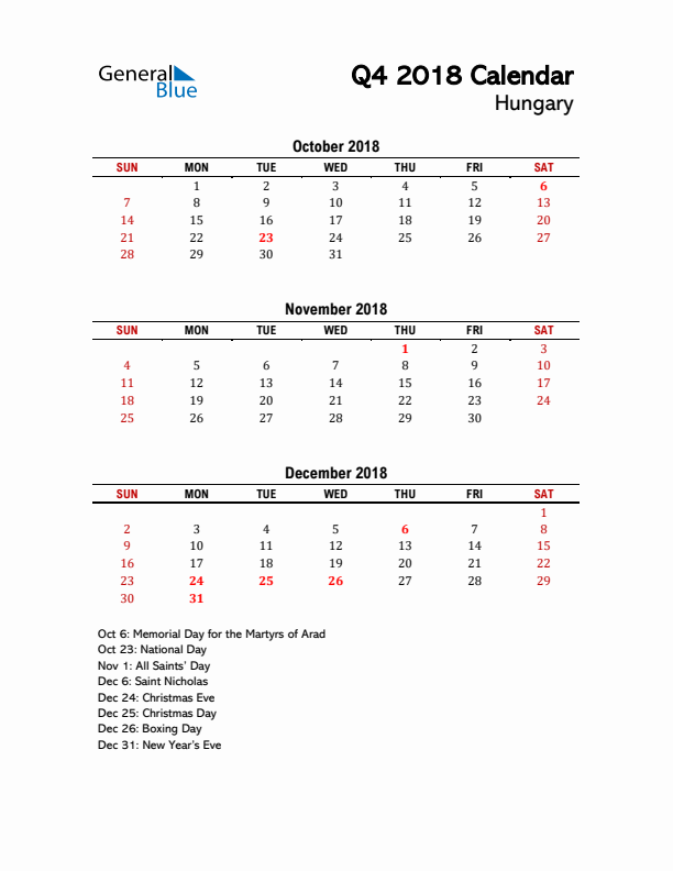 2018 Q4 Calendar with Holidays List for Hungary