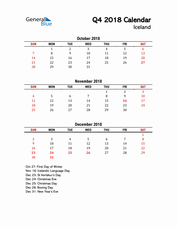 2018 Q4 Calendar with Holidays List for Iceland