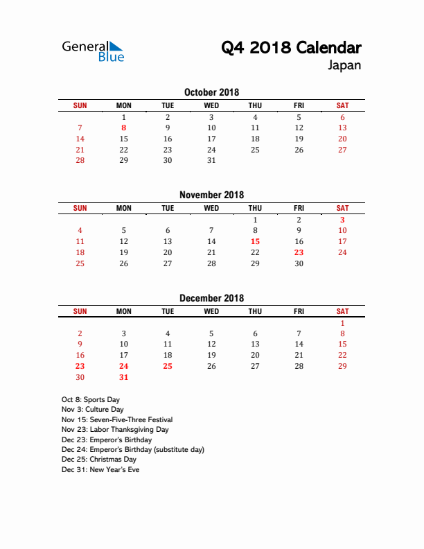 2018 Q4 Calendar with Holidays List for Japan