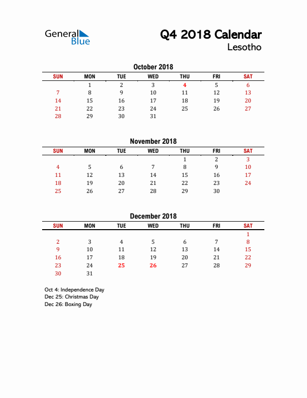 2018 Q4 Calendar with Holidays List for Lesotho