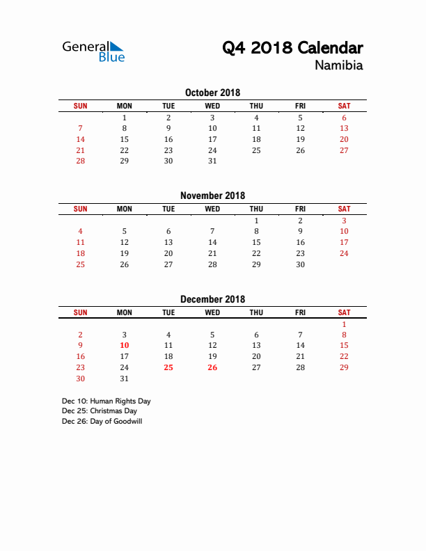 2018 Q4 Calendar with Holidays List for Namibia