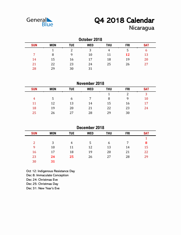 2018 Q4 Calendar with Holidays List for Nicaragua