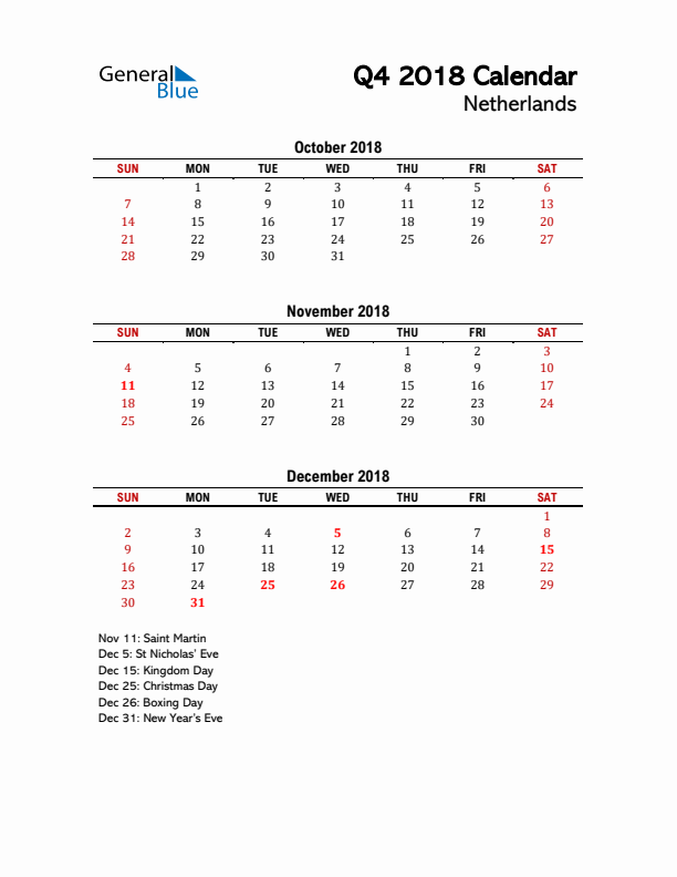 2018 Q4 Calendar with Holidays List for The Netherlands