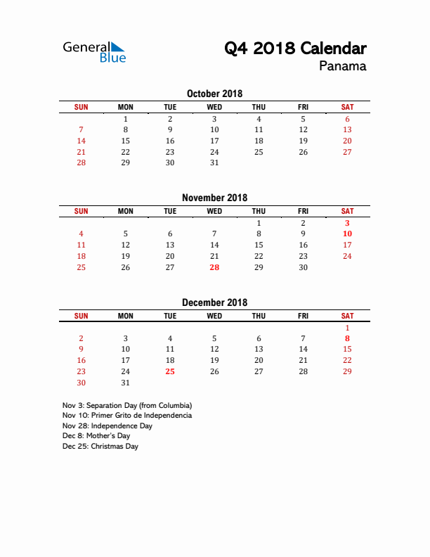 2018 Q4 Calendar with Holidays List for Panama