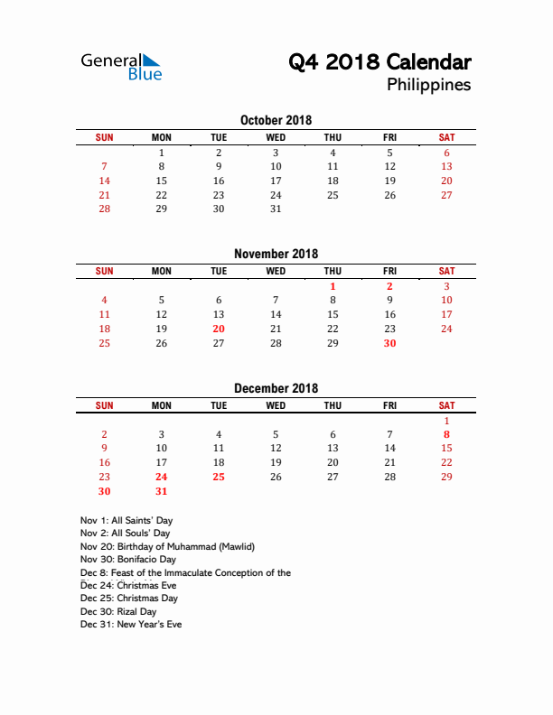 2018 Q4 Calendar with Holidays List for Philippines