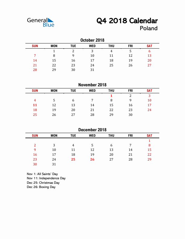 2018 Q4 Calendar with Holidays List for Poland