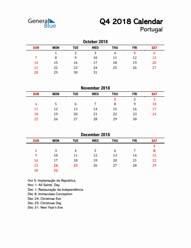 2018 Q4 Calendar with Holidays List for Portugal