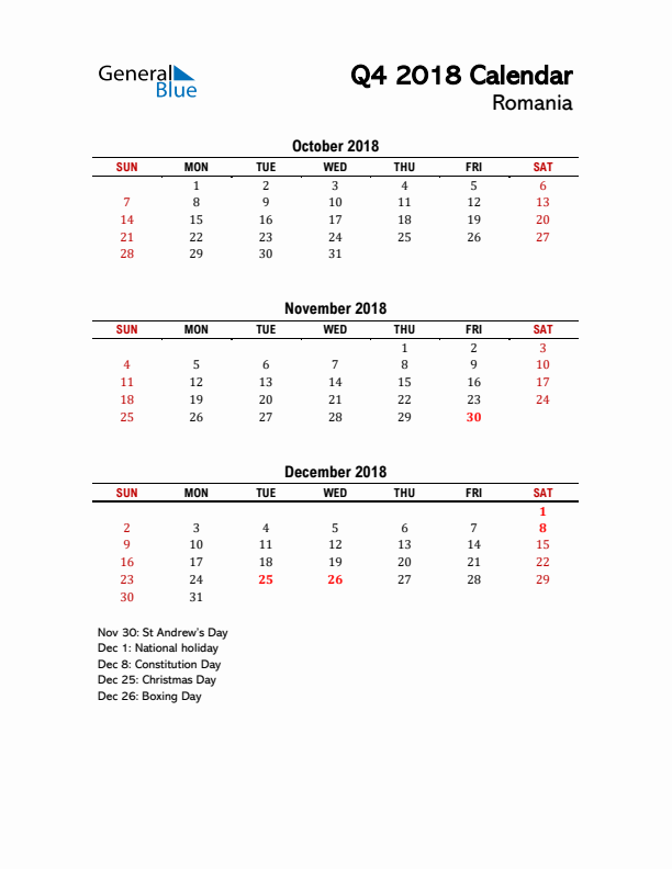 2018 Q4 Calendar with Holidays List for Romania