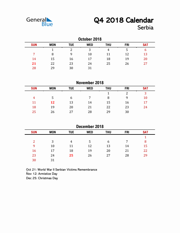 2018 Q4 Calendar with Holidays List for Serbia