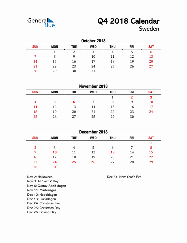 2018 Q4 Calendar with Holidays List for Sweden