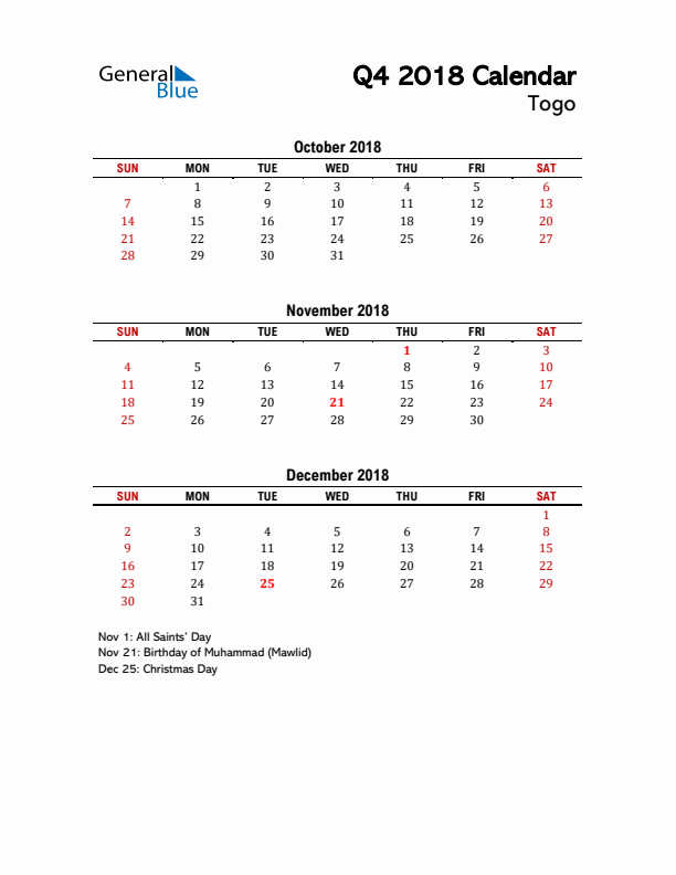 2018 Q4 Calendar with Holidays List for Togo