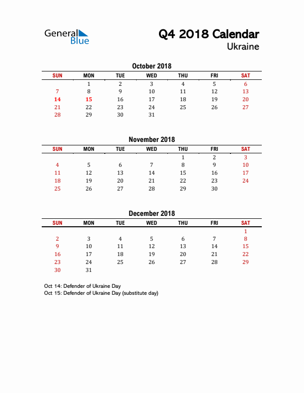 2018 Q4 Calendar with Holidays List for Ukraine