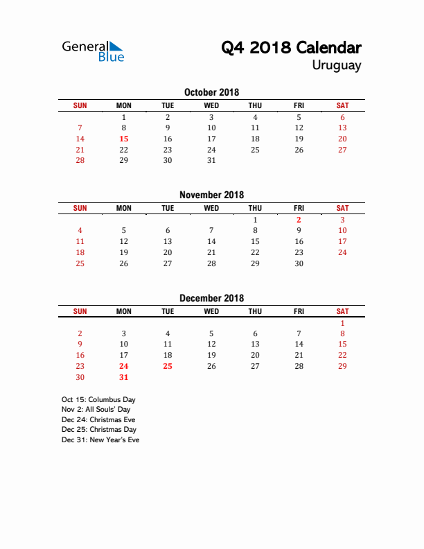 2018 Q4 Calendar with Holidays List for Uruguay