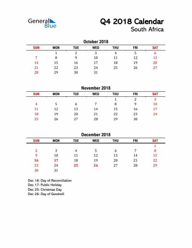 2018 Q4 Calendar with Holidays List for South Africa