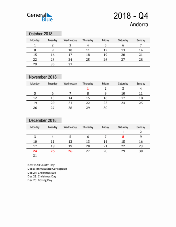 Andorra Quarter 4 2018 Calendar with Holidays