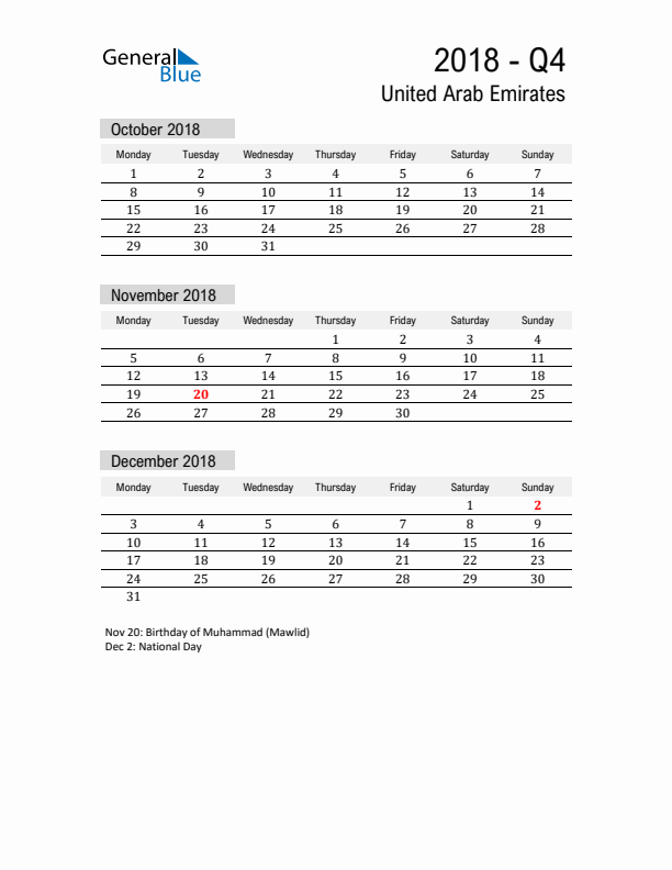 United Arab Emirates Quarter 4 2018 Calendar with Holidays