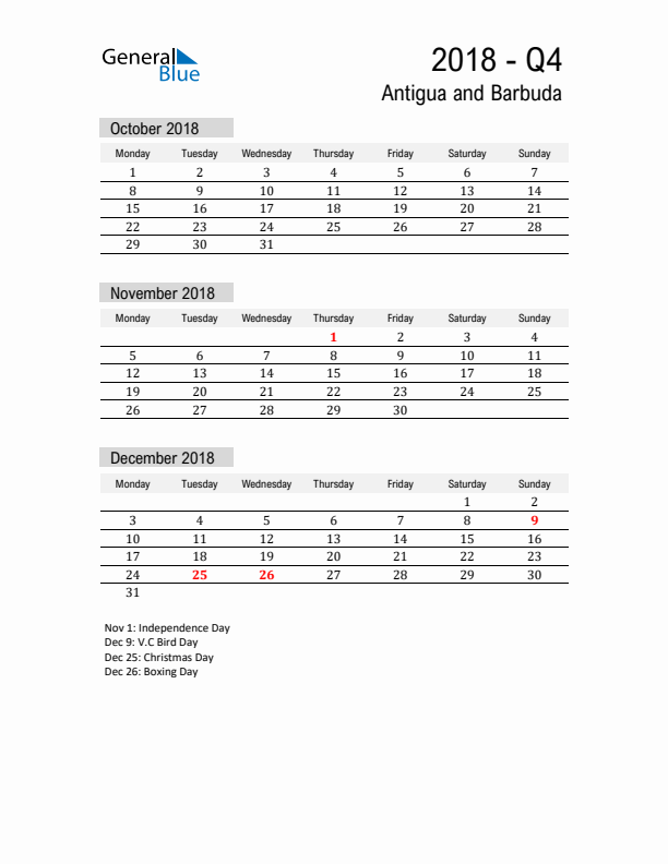 Antigua and Barbuda Quarter 4 2018 Calendar with Holidays