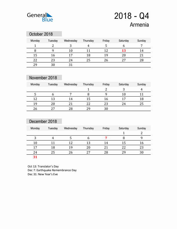 Armenia Quarter 4 2018 Calendar with Holidays