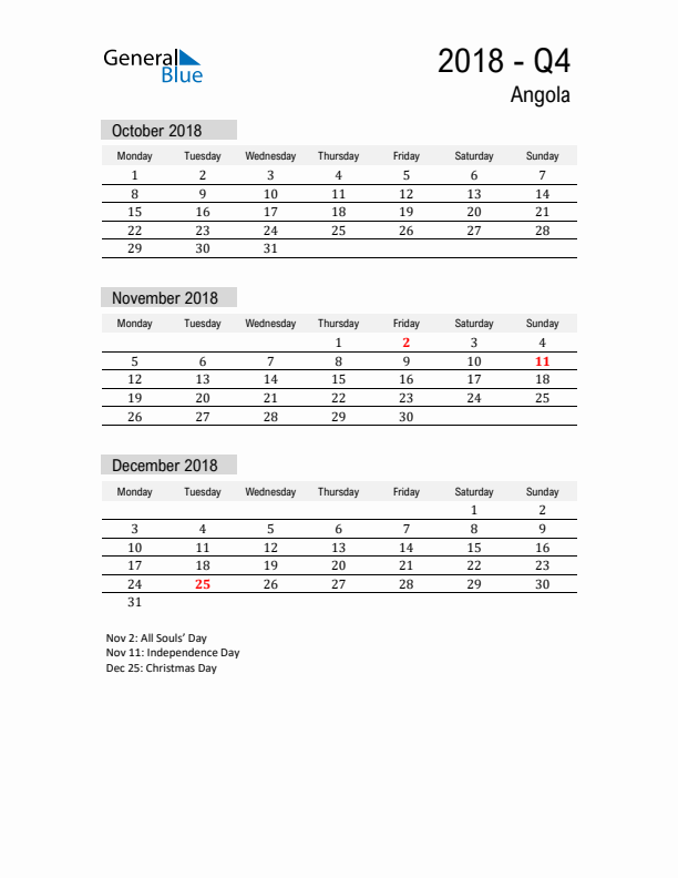 Angola Quarter 4 2018 Calendar with Holidays