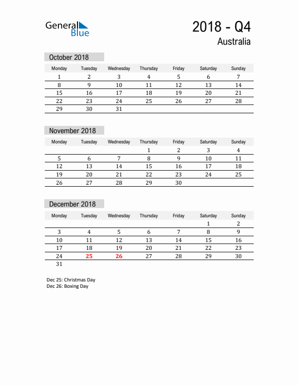 Australia Quarter 4 2018 Calendar with Holidays