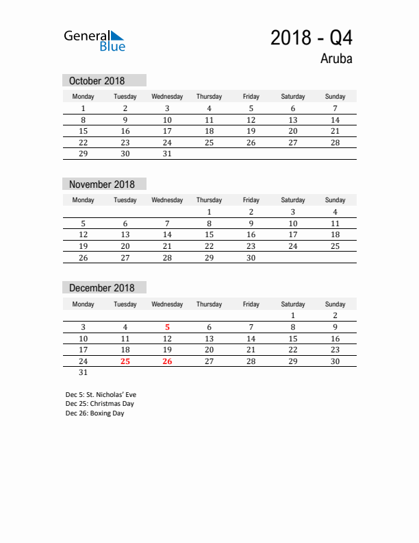 Aruba Quarter 4 2018 Calendar with Holidays