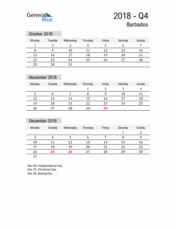 Barbados Quarter 4 2018 Calendar with Holidays