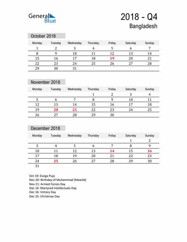 Bangladesh Quarter 4 2018 Calendar with Holidays