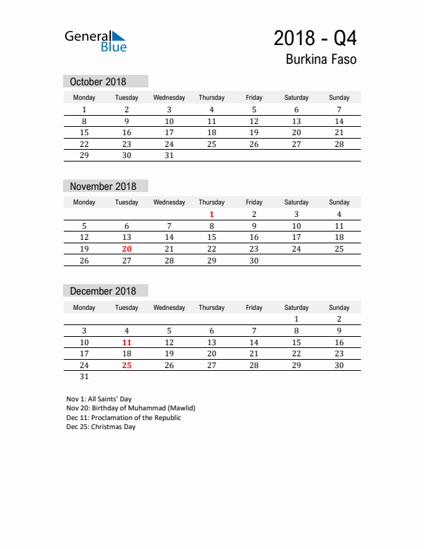 Burkina Faso Quarter 4 2018 Calendar with Holidays