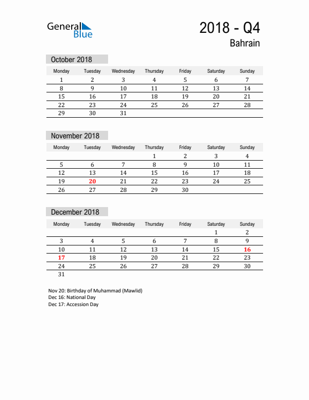 Bahrain Quarter 4 2018 Calendar with Holidays